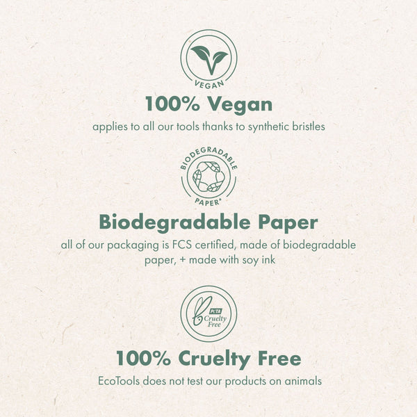 EcoTools packaging text with vegan, biodegradable paper, and cruelty-free icons