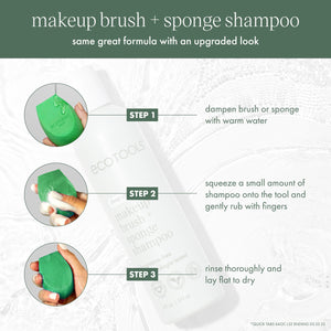 Makeup brush and sponge shampoo usage: damp, apply, rub, rinse