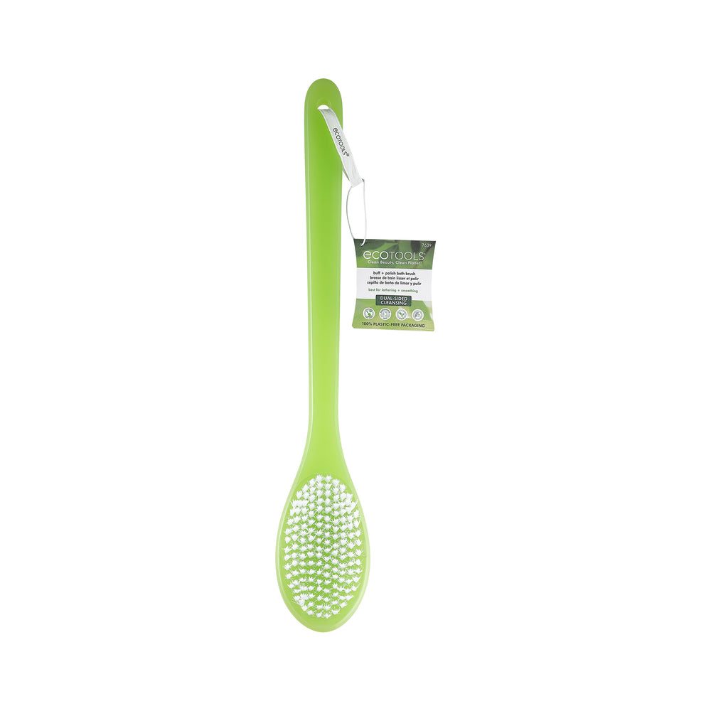 Green bath brush with long handle and white oval scrubbing pad head