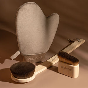 Ecotools applicator set with round brush heads, glove, and wooden handles