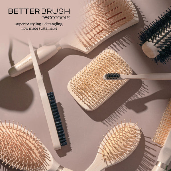 Better Brush curly hair detangling tool with tan cushion and dark bristles, paddle brush