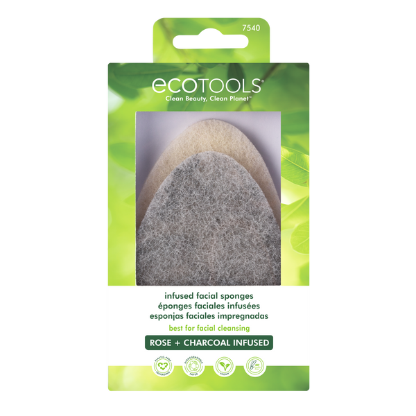 ECOTOOLS infused facial sponges package with two teardrop sponges pictured