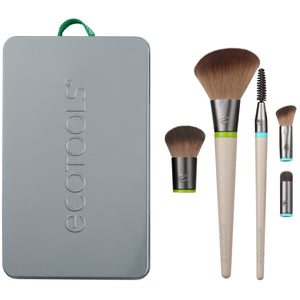 Interchangeable face makeup brush kit case with four full brushes and one compact brush
