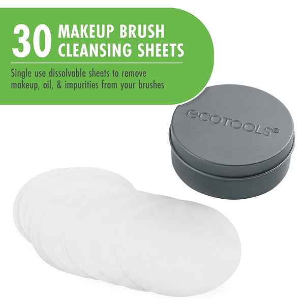 Green panel stating 30 makeup brush cleansing sheets with gray EcoTools tin and white sheets