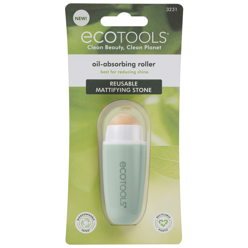 Oil-absorbing facial roller, white cap and mint-green body, stone end at top
