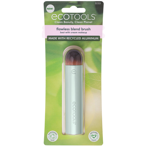 Blister-pack makeup blending brush with light mint handle and domed brown bristles