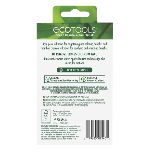 ECOTOOLS infused facial sponges package back panel with product details