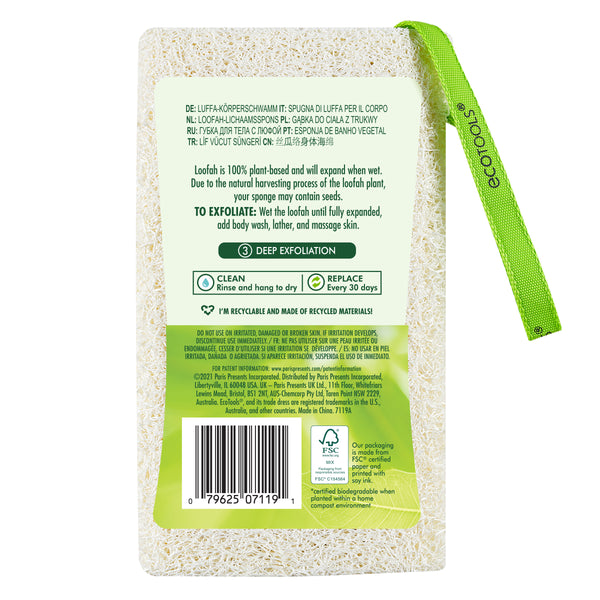 Loofah body sponge back side with green loop strap and product information label