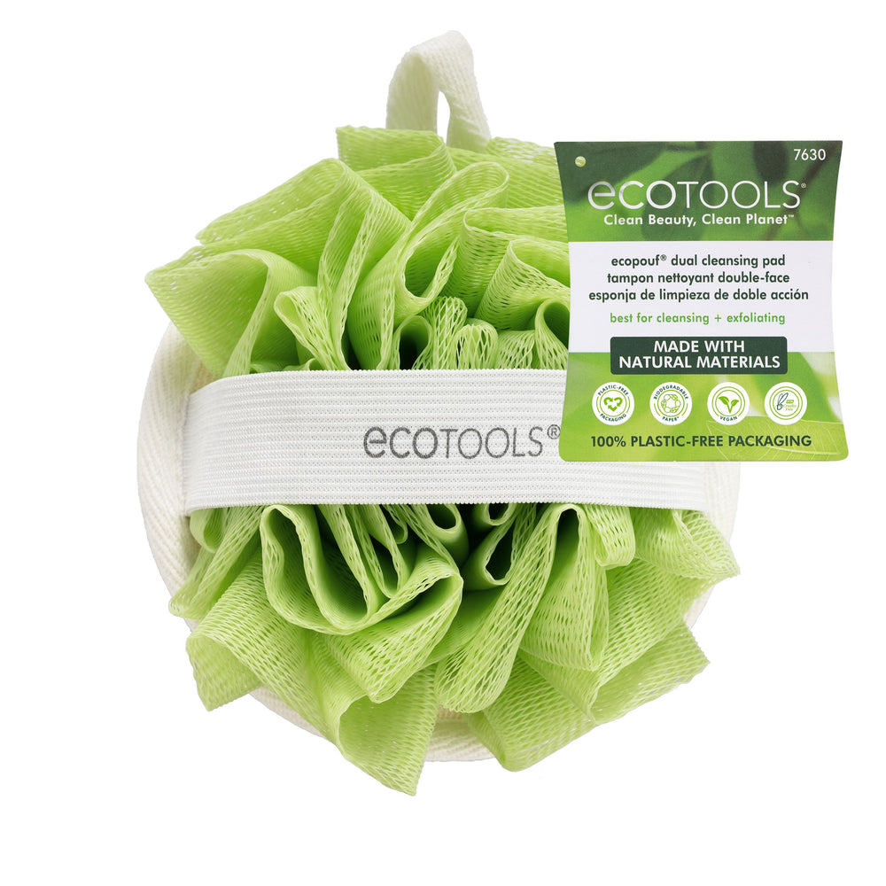 Green loofah puff cleansing pad with ECOTOOLS® band, ruffled scrub surface