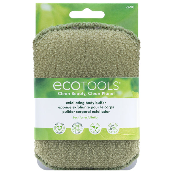 Green exfoliating body buffer with textured scrub surface and loop strap, in retail package