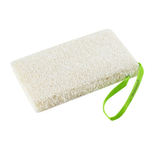 Rectangular natural loofah body sponge with green carrying strap