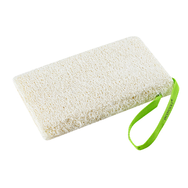 Rectangular natural loofah body sponge with green carrying strap