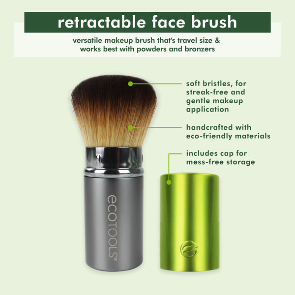 Retractable face brush with soft bristles, metal barrel, and included cap