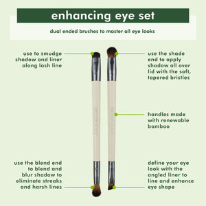 Two eye makeup brushes with beige handles and brown bristle heads on a diagram background