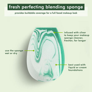 Green-and-white marble teardrop makeup sponge blender, silver-infused