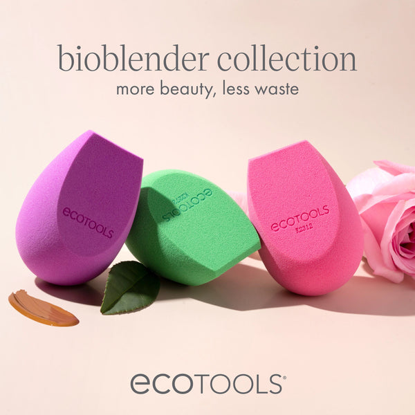 BioBlender makeup sponge collection: purple, green, and pink sponges arranged together.