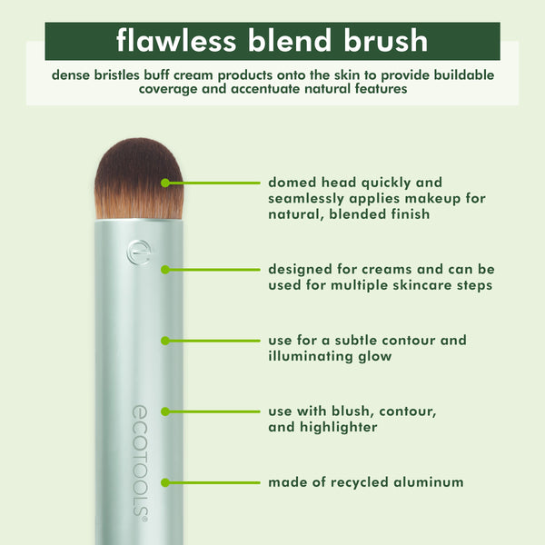 Dome makeup blending brush with dense brown bristles and light mint cylindrical handle