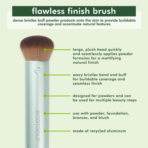 Powder makeup brush with light teal metal handle and soft brown dense bristles