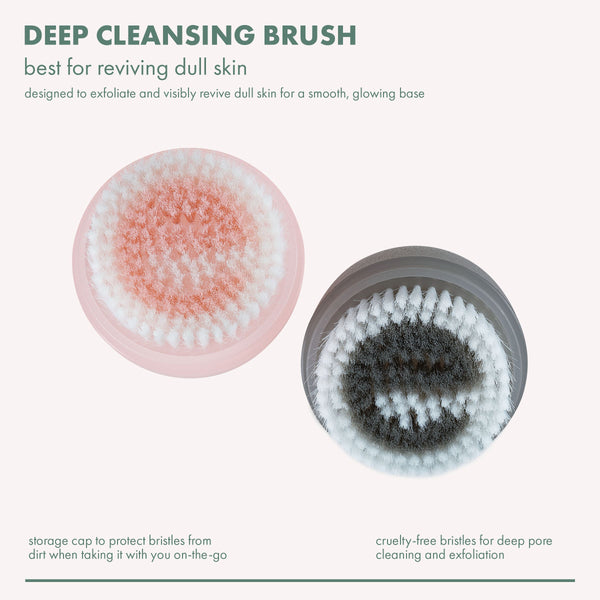 Pink and dark facial cleansing brush heads with dense bristles