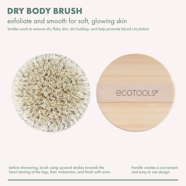 Dry body brush set showing round bristle head and light wood handle