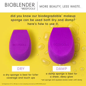 Two purple teardrop makeup sponges with rounded edges, marked ecotools