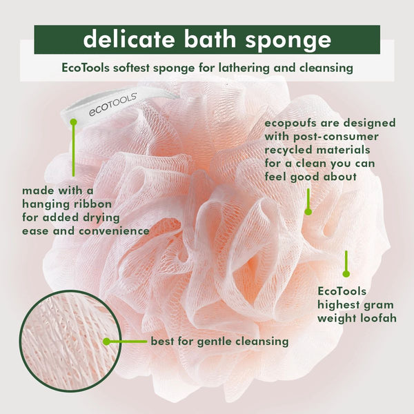 EcoPouf® bath sponge, soft pink ruffled loofah mesh shown with care info layout