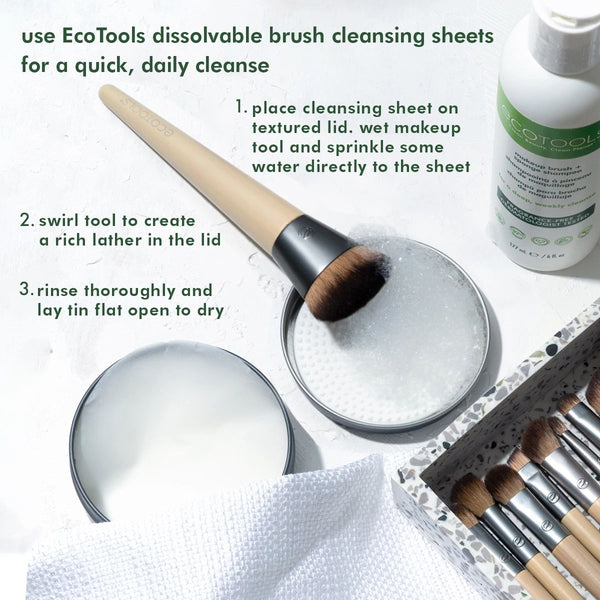 Brush over foaming lid with dissolvable cleansing sheet and white bottle