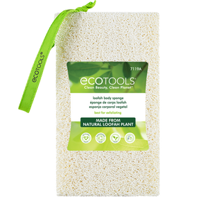 Loofah body sponge with attached front label and green loop strap, exfoliating pad