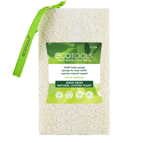 Loofah body sponge with attached front label and green loop strap, exfoliating pad