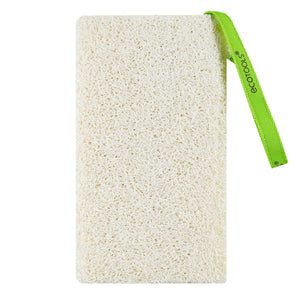 Natural loofah body sponge with green hanging strap, rectangular exfoliating pad