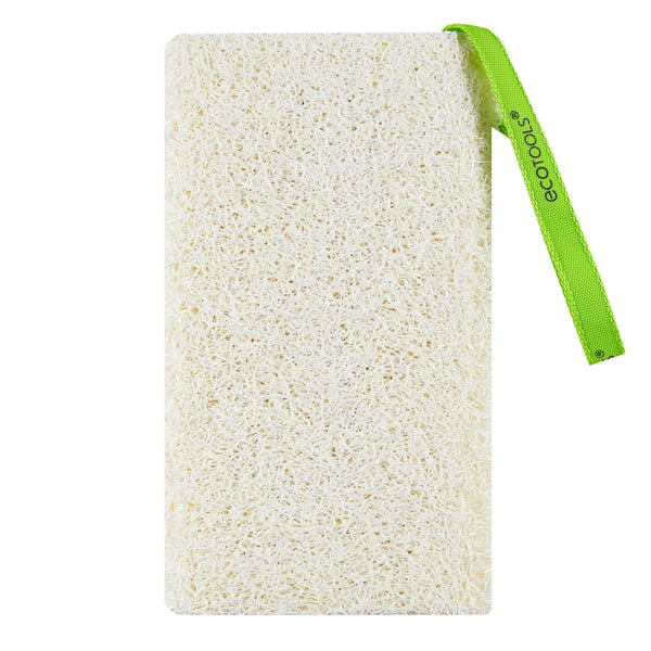 Natural loofah body sponge with green hanging strap, rectangular exfoliating pad