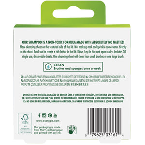 Back of green-and-white package for dissolvable brush cleansing sheets with barcode