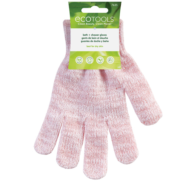 Pink exfoliating bath shower gloves with textured knit on fingers and palm