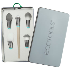 Interchangeable makeup brush set with tan handle and gray bristles, shown in open case