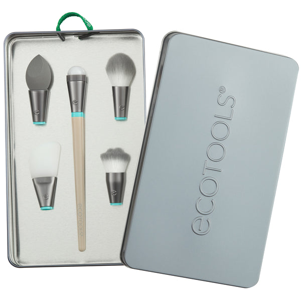 Interchangeable makeup brush set with tan handle and gray bristles, shown in open case