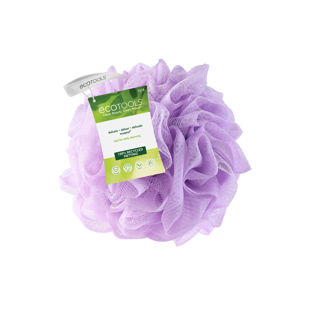 Purple recycled EcoPouf with fluffy mesh texture and white hanging loop
