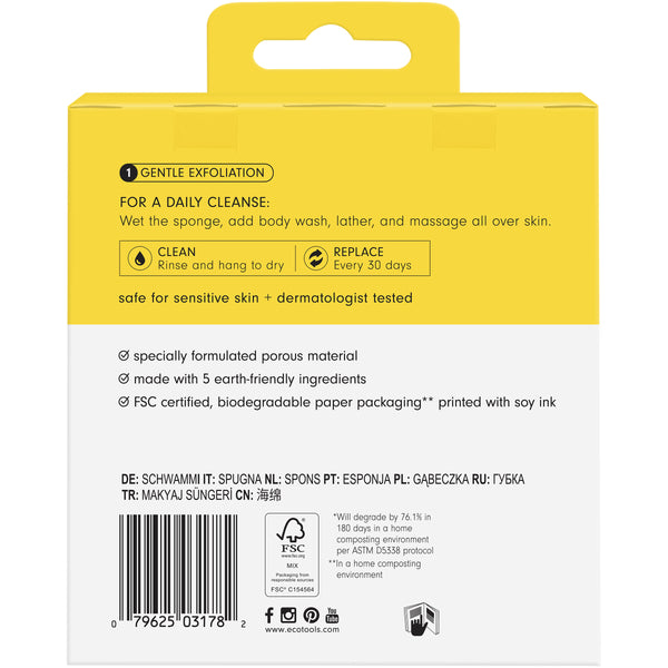 Bioblender cleansing sponge back of box with directions and certification icons