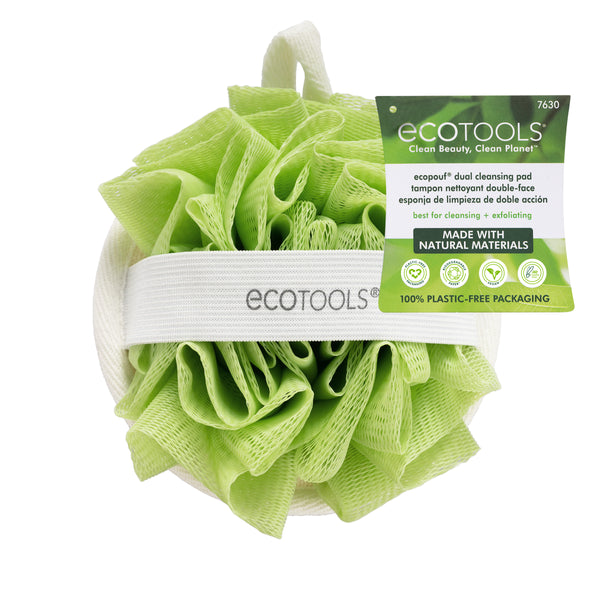 Green loofah cleansing pad with white band and ECOTOOLS label, with product tag