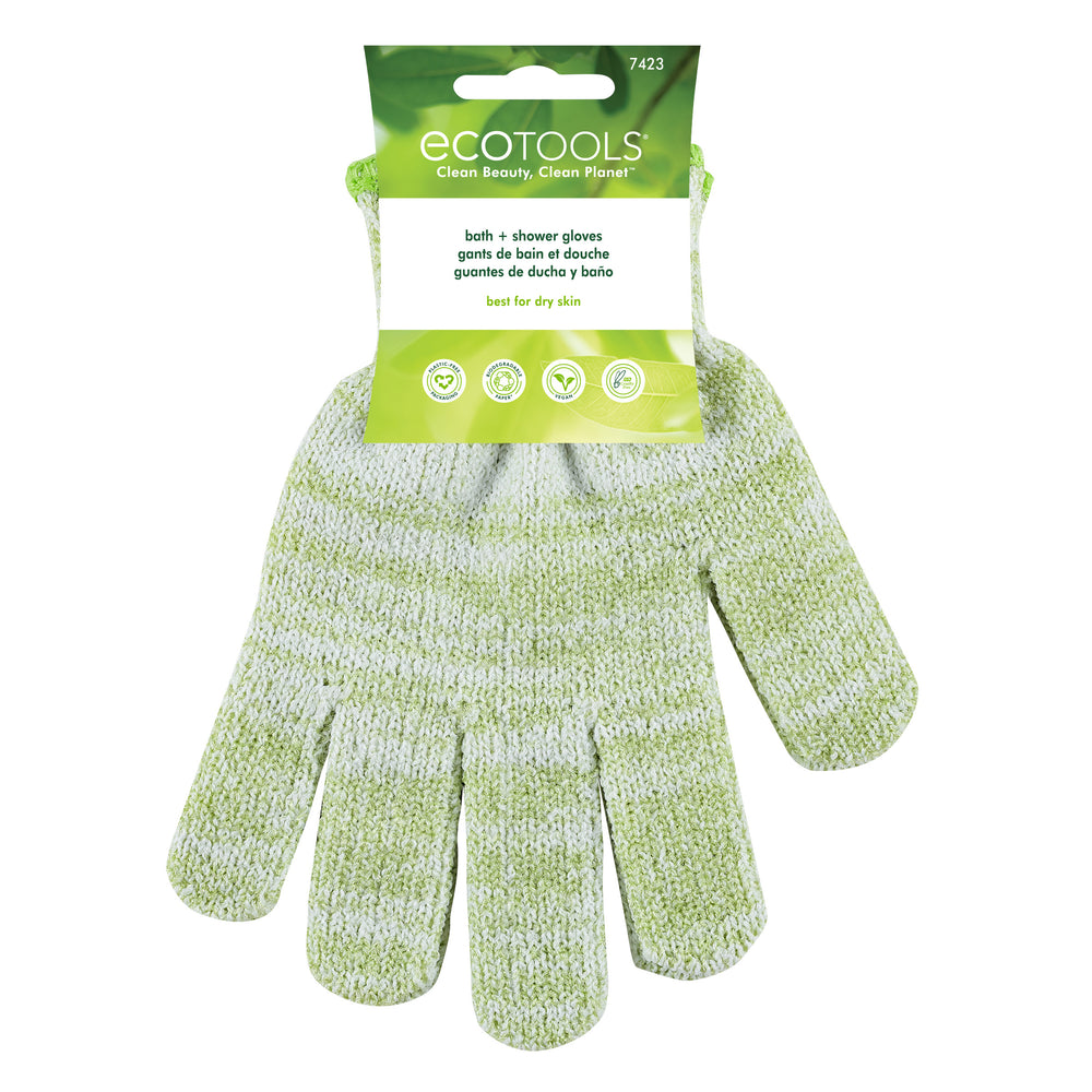 Green knit exfoliating glove with ribbed cuff and textured scrubbing palm