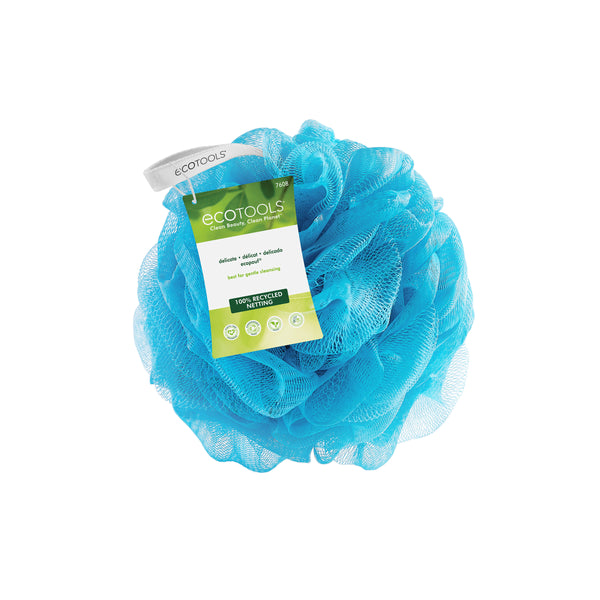 Blue recycled EcoPouf rosette sponge with product label on top
