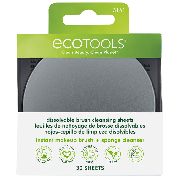 EcoTools card package for dissolvable brush cleansing sheets with 30 sheet count