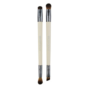 Eye makeup brush set with two beige handles and dark bristles, straight and tapered heads