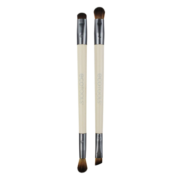 Eye makeup brush set with two beige handles and dark bristles, straight and tapered heads