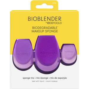 Bioblender ecotools biodegradable makeup sponge trio in retail box with three purple sponges