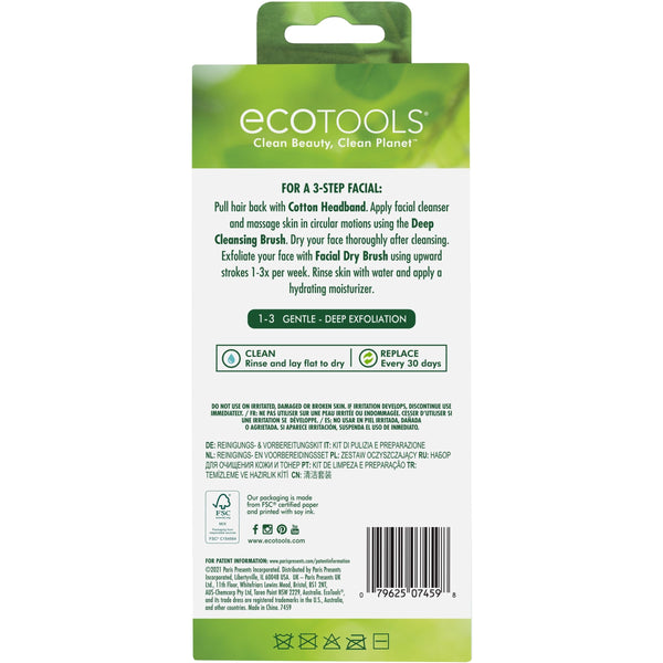 ECOTOOLS facial cleanse prep kit back packaging with directions and barcode