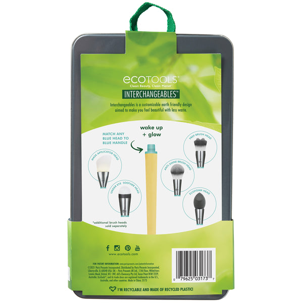 Interchangeable makeup brush kit package with green carry handle and five brush heads