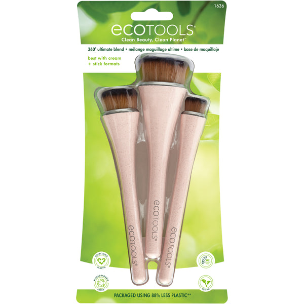 Makeup brush kit showing three brushes in clear retail package, pink handles and gold bristles