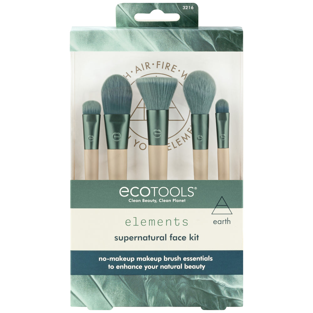 Face makeup brush set with five teal and beige handled brushes and soft bristles