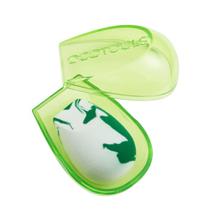 Teardrop green-and-white marble makeup sponge blender in a lime travel case