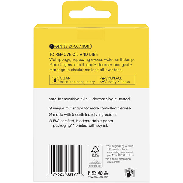 Back of ecotools bioblender cleansing mitt package with care and replace info
